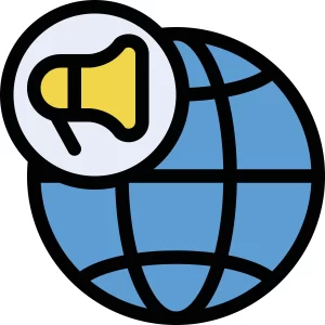 A cartoon globe with a yellow megaphone